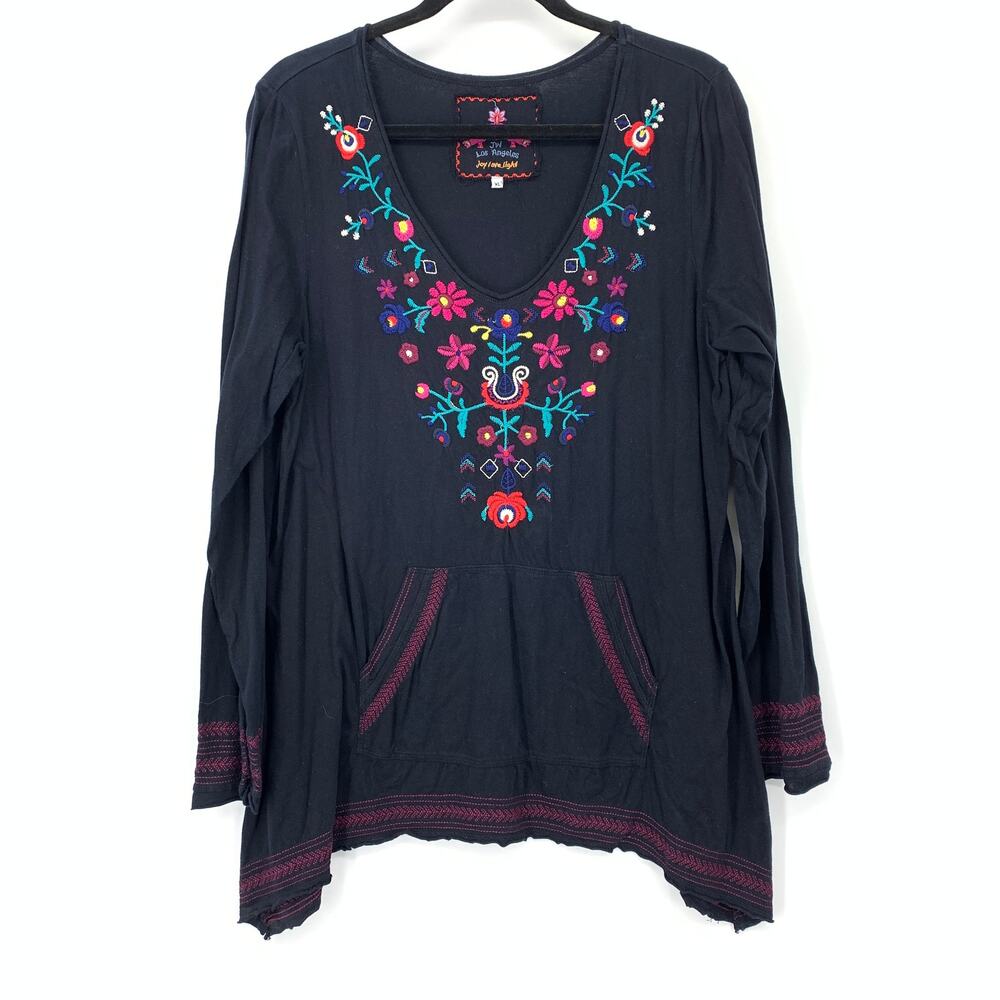 Johnny Was Tunic Womens XL Black Floral Embroidered Boho Long Sleeve Pocket